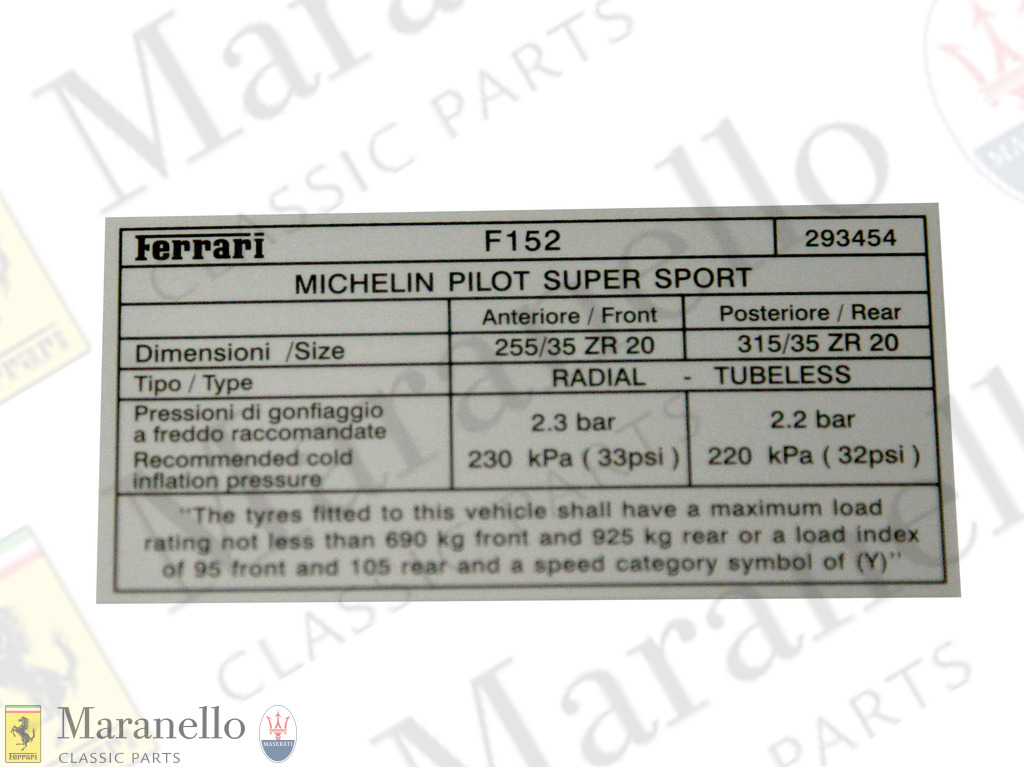 Tyre Pressure Label Michelin 20" Tyres