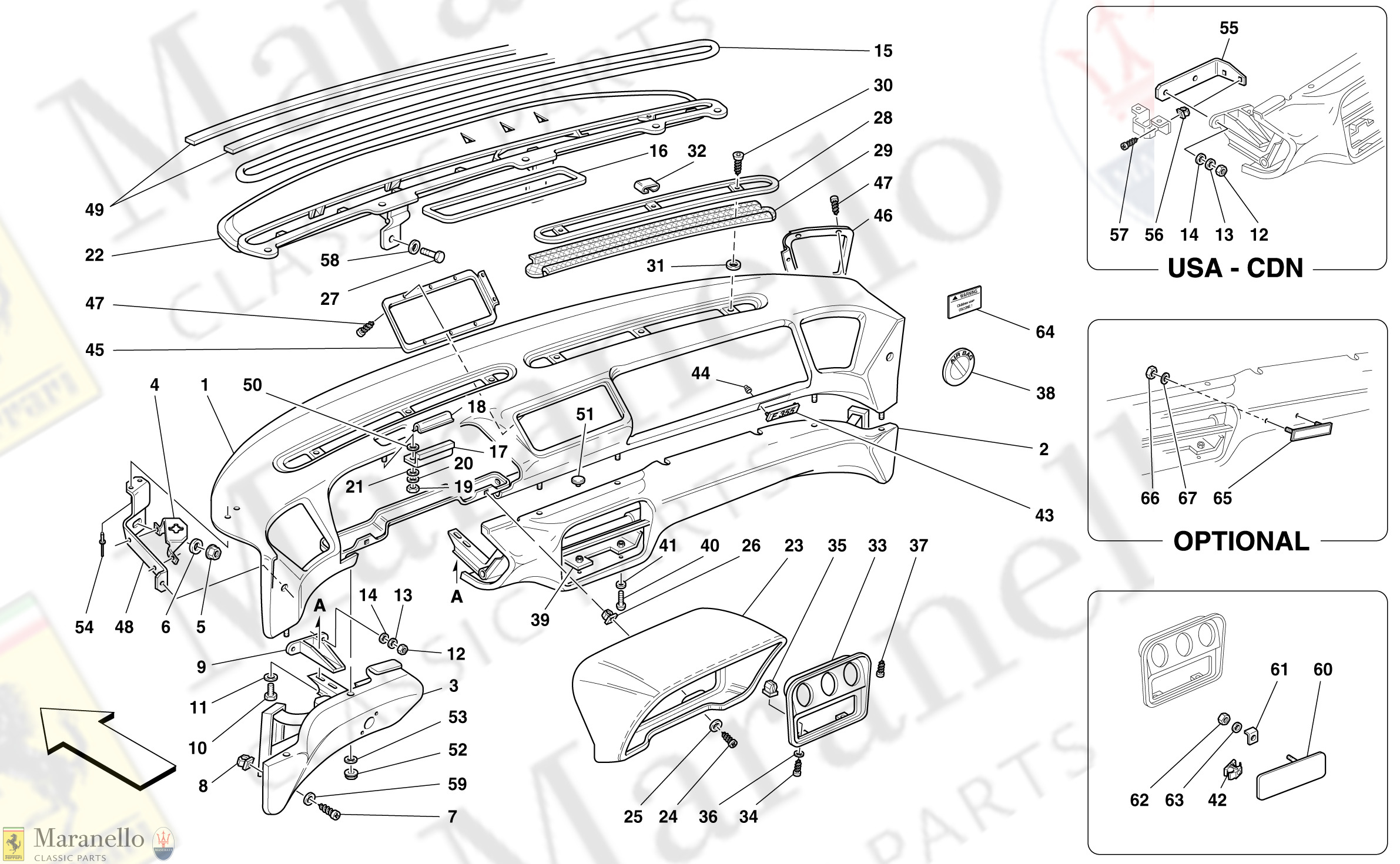 132 - Dashboard parts diagram for Ferrari F355 B/GTS/Spider Mo